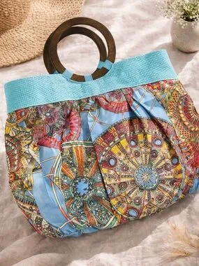 Bags | Blue Patterned Tote Bag With Wooden Handles | Poshmark